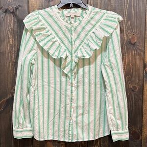 LOFT Boho Blouse M Green White Button Front Ruffle Office Career Striped Dressy